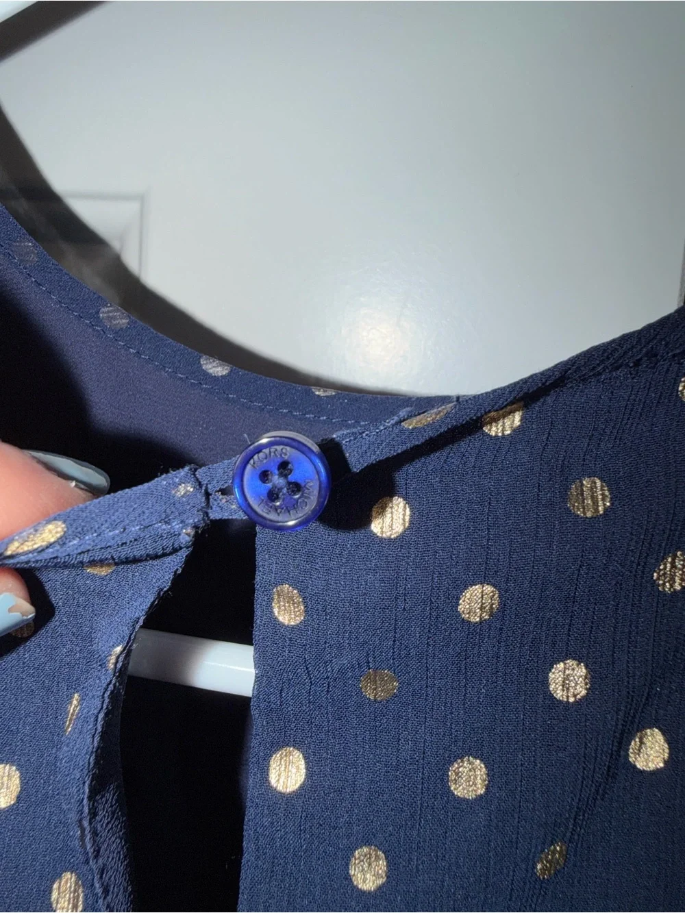 Michael Kors Navy Flutter Sleeve Blouse with Gold Polka Dots